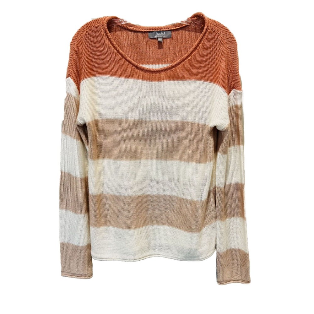 Marled Reunited Clothing SZ Small Orange Striped Crew Neck LW Pullover Sweater
